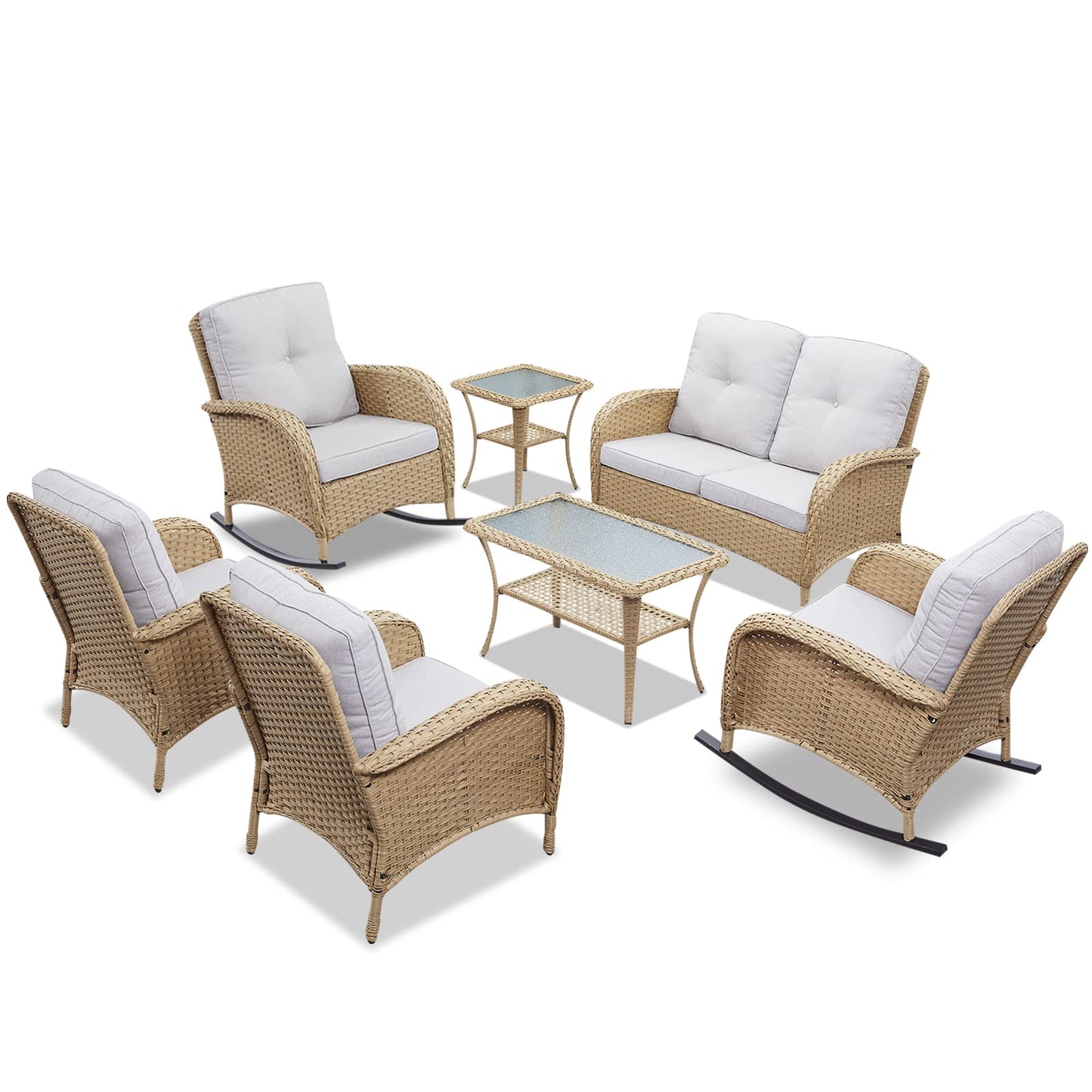 Patio Conversation Set 7-Piece with Loveseat, Rocking Chairs, Patio Chairs, Coffee Table, and Side Table, NDS Series
