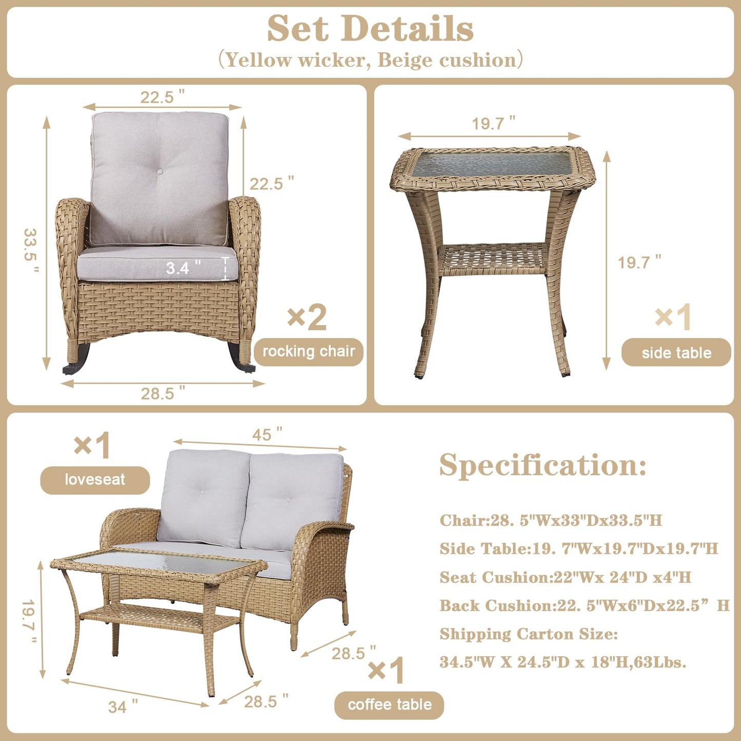 Patio Conversation Set 5-Piece with Loveseat, Rocking Chairs, Coffee Table, and Side Table, NDS Series