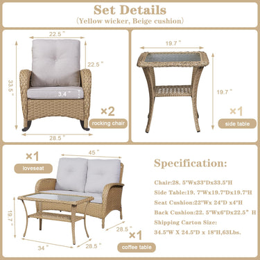 Patio Conversation Set 5-Piece with Loveseat, Rocking Chairs, Coffee Table, and Side Table, NDS Series - Belord