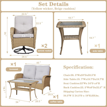 Patio Conversation Set 5-Piece with Loveseat, Swivel Glider Chairs, Coffee Table, and Side Table, NDS Series - Belord
