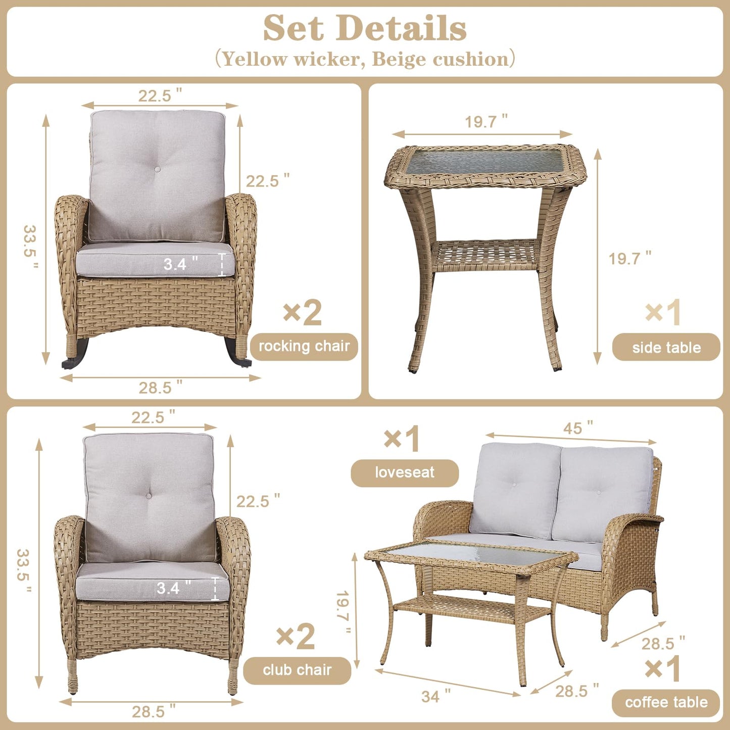 Patio Conversation Set 7-Piece with Loveseat, Rocking Chairs, Patio Chairs, Coffee Table, and Side Table, NDS Series