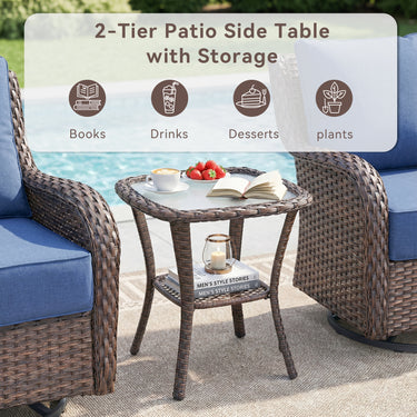 Belord square outdoor wicker side table with glass top and storage shelf, ideal for patio conversation sets.