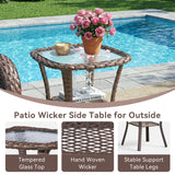 Belord square outdoor wicker side table with glass top and storage shelf, part of the NTC patio conversation sets series.