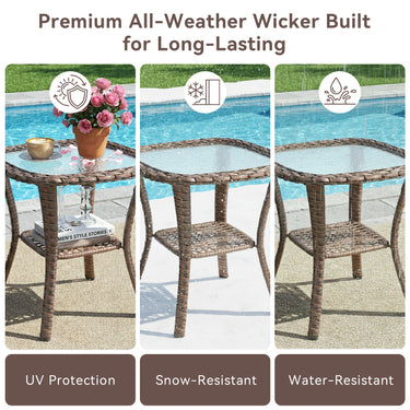 Belord Square outdoor wicker side table with glass top and storage shelf, ideal for patio conversation sets.