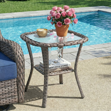 Belord Square outdoor wicker side table with glass top and storage shelf, part of the NTC Series for patio conversation sets.