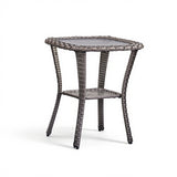 Belord square outdoor wicker side table with glass top and storage shelf, ideal for patio conversation sets.