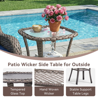 Belord square outdoor wicker side table with glass top and storage shelf, part of the NTC patio conversation sets.