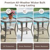 Belord square outdoor wicker side table with glass top and storage shelf, perfect for patio conversation sets.