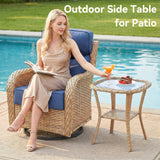 Square outdoor wicker side table with glass top and storage shelf, part of Belord's NTC patio conversation set series.