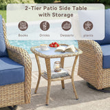 Belord square outdoor wicker side table with glass top and storage shelf, part of the NTC patio conversation set series.