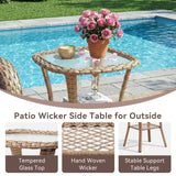 Belord square outdoor wicker side table with glass top and storage shelf, part of the NTC patio conversation sets collection.