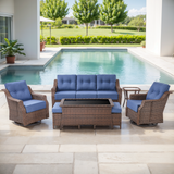 Belord 7-piece wicker swivel glider patio conversation set with cozy sofas and coffee table from OVOLO series.