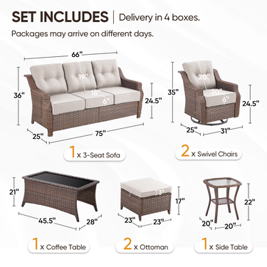 Belord 7-piece wicker swivel glider patio conversation set with coffee table from the OVOLO Series, featuring cushioned seats and woven wicker design.