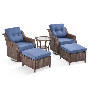 Belord OVOLO series 5-piece outdoor wicker patio conversation set with swivel glider chairs and ottomans, perfect for outdoor lounging.