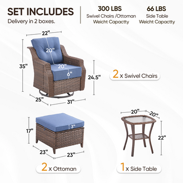 Belord 5-piece outdoor wicker swivel glider chairs and ottomans set from the OVOLO Series, perfect for patio conversation.