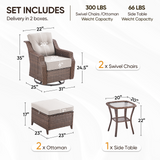 Belord 5-piece outdoor wicker patio conversation set with swivel glider chairs and ottomans from the OVOLO series.
