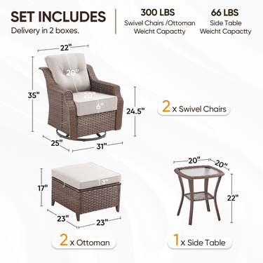 Belord 5-piece outdoor wicker patio conversation set with swivel glider chairs and ottomans from the OVOLO series.