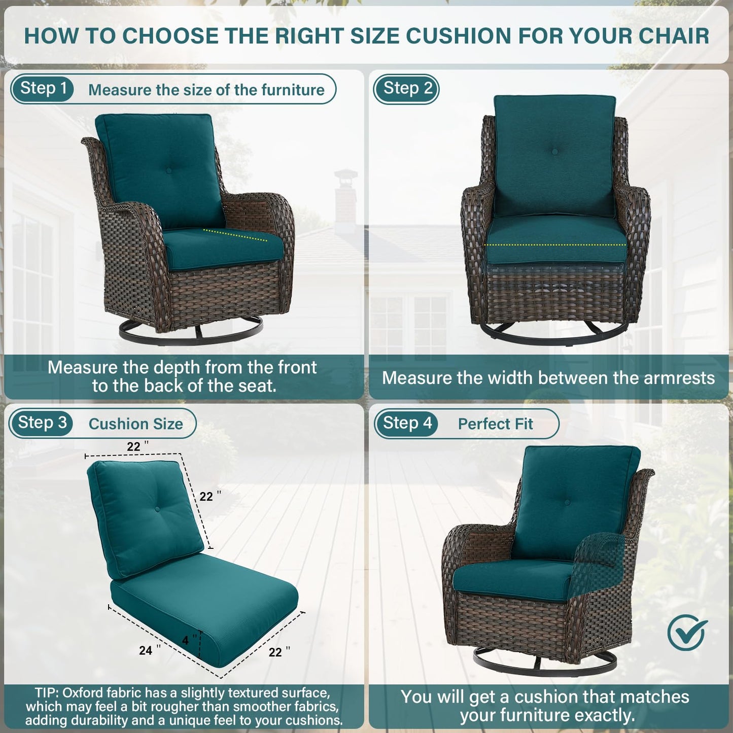 1 Set High Back and Deep Seating Outdoor Cushion with Button, 22'' x 24''