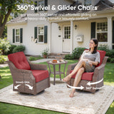 Red outdoor wicker swivel glider chair and side table set from Belord's OVOLO series, perfect for patio conversation spaces.