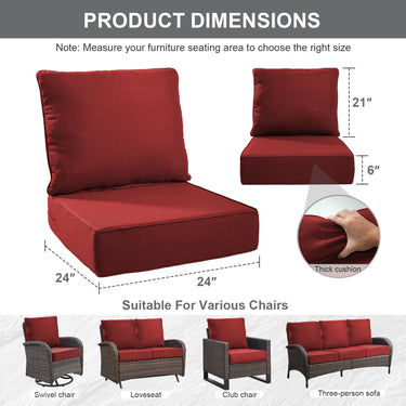 2 Set Outdoor Cushion, High Back and Deep Seating, 6" H x 24" W x 24" D - Belord