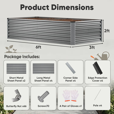 Belord galvanized metal garden bed in silver, 6x3x2ft, outdoor planter box for vegetables, herbs, and flowers with 269-gallon capacity.