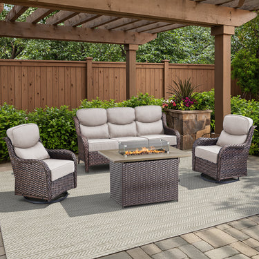Belord 6-inch cushion patio fire pit set with high-back swivel chairs, beige cushions, brown wicker frame, and rectangular fire table with wind guard.