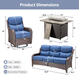 Belord 6-inch cushion patio fire pit set with high-back swivel chairs and rectangular fire table with wind guard, rattan accents