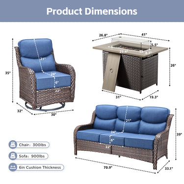 Belord 6-inch cushion patio fire pit set with high-back swivel chairs and rectangular fire table with wind guard, rattan accents