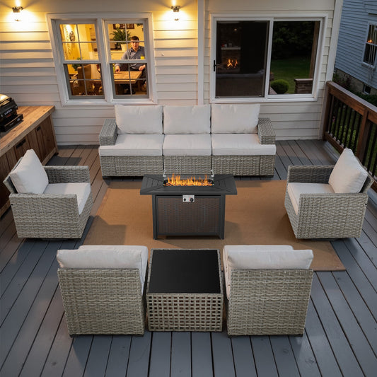 Luxury 9-Piece Patio Set with 50,000 BTU Fire Pit Table - 5-Seater Modular Sectional & 43" Propane Heater, PAD Series