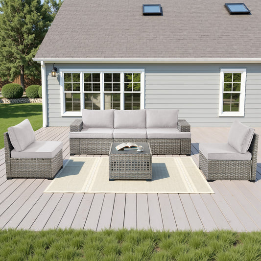 6-Piece Premium Wicker Patio Set - 5-Seater Modular Sectional with 10" Wide Armrests & Glass Coffee Table, PAD Series
