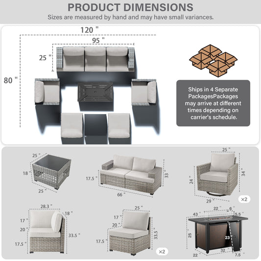 Luxury 9-Piece Patio Set with 50,000 BTU Fire Pit Table - 5-Seater Modular Sectional & 43" Propane Heater, PAD Series