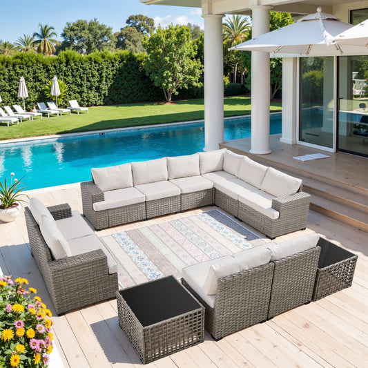 10-Seater Grand Patio Conversation Set - Modular Wicker Sectional Sofa with Glass Coffee Table, PAD Series