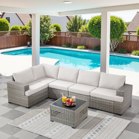 6-Piece Premium Wicker Patio Set - 5-Seater Modular Sectional with 10" Wide Armrests & Glass Coffee Table, PAD Series