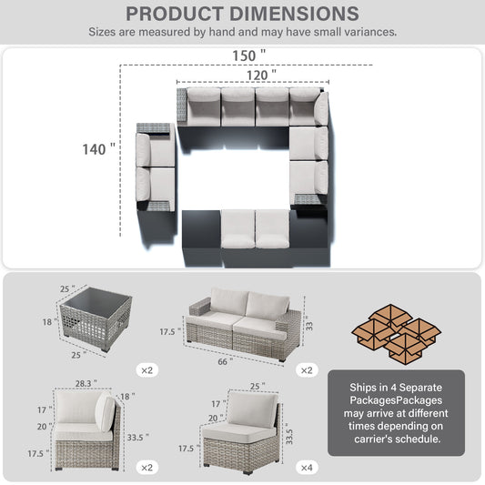 10-Seater Grand Patio Conversation Set - Modular Wicker Sectional Sofa with Glass Coffee Table, PAD Series