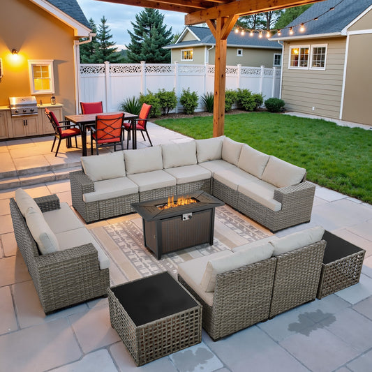 13-Piece Ultimate Outdoor Entertaining Set - 10-Seater Sectional + 43" Fire Pit Table + Coffee Table, PAD Series