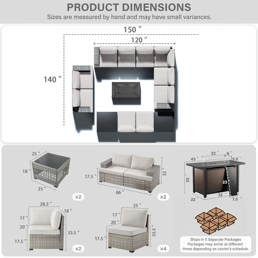 13-Piece Ultimate Outdoor Entertaining Set - 10-Seater Sectional + 43" Fire Pit Table + Coffee Table, PAD Series