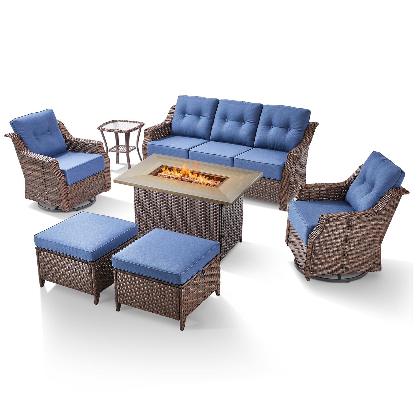 Outdoor Fire Pit Furniture Set - 7pc w/Swivel Glider Chairs & Thick 6" Cushions, Ovolo Series