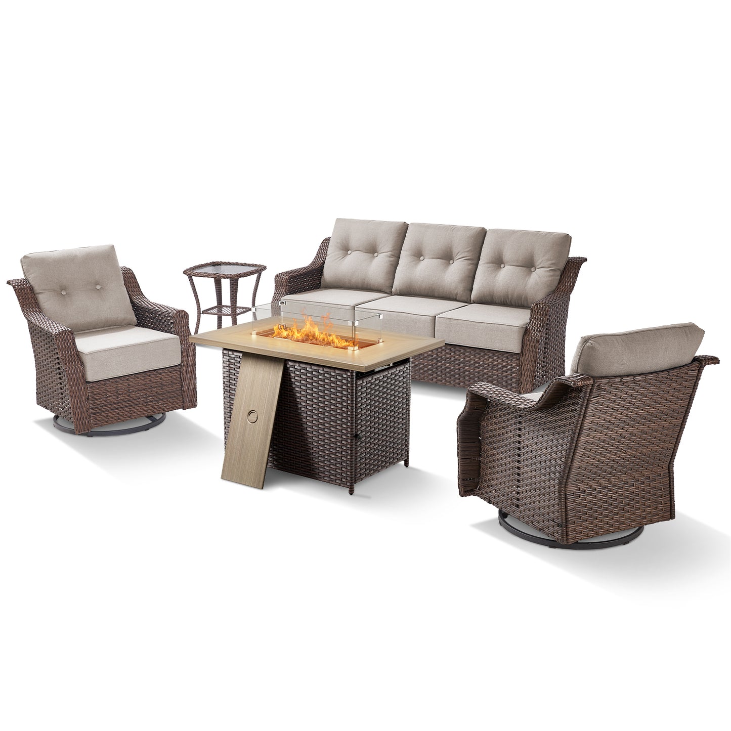 Luxury 7-Piece Outdoor Patio Set with Fire Pit Table - 41" Swivel Glider Chairs & Sofa, All-Weather Wicker with 6" Red Cushions, Ovolo Series