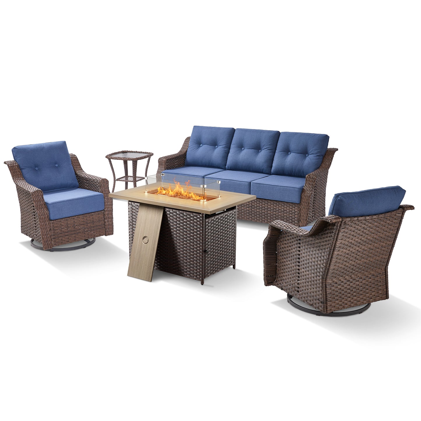 Luxury 7-Piece Outdoor Patio Set with Fire Pit Table - 41" Swivel Glider Chairs & Sofa, All-Weather Wicker with 6" Red Cushions, Ovolo Series