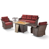 Luxury 5-Piece Outdoor Patio Set with Fire Pit Table - 41" Swivel Glider Chairs & Sofa, All-Weather Wicker with 6" Red Cushions, Ovolo Series - Belord