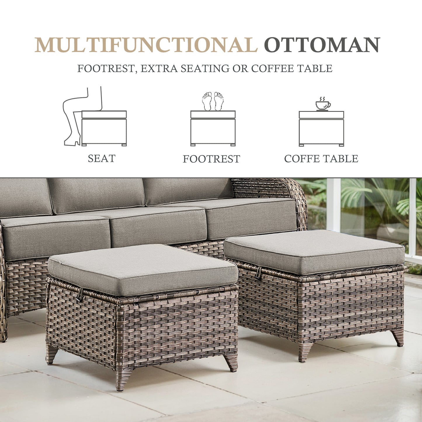 3-Piece All-Weather Wicker Sectional Sofa – 6" Ultra-Thick Cushions & Ottomans, NT Series