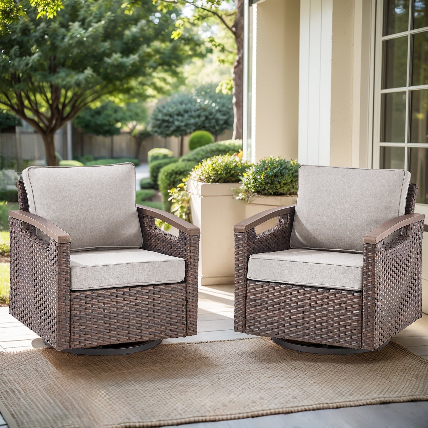 Heavy-Duty Outdoor Swivel Rocking Chairs Set of 2 - Weather-Resistant Metal Frame & PE Wicker with Deep Seat Cushions, BBR Series