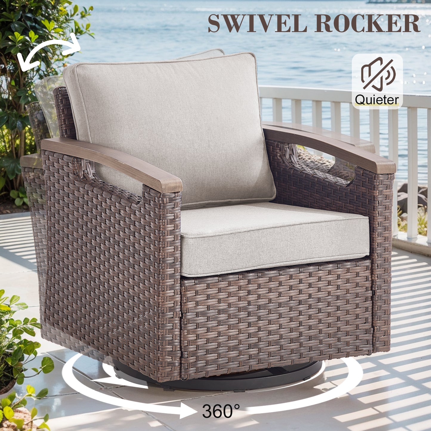 Heavy-Duty Outdoor Swivel Rocking Chairs Set of 2 - Weather-Resistant Metal Frame & PE Wicker with Deep Seat Cushions, BBR Series