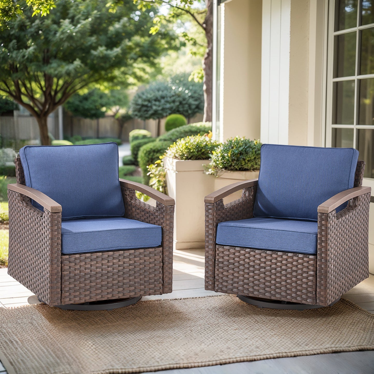 Heavy-Duty Outdoor Swivel Rocking Chairs Set of 2 - Weather-Resistant Metal Frame & PE Wicker with Deep Seat Cushions, BBR Series