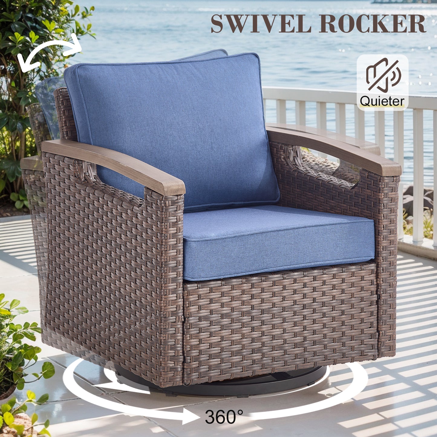 Heavy-Duty Outdoor Swivel Rocking Chairs Set of 2 - Weather-Resistant Metal Frame & PE Wicker with Deep Seat Cushions, BBR Series