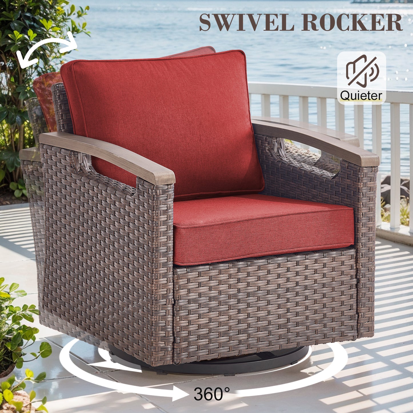 Heavy-Duty Outdoor Swivel Rocking Chairs Set of 2 - Weather-Resistant Metal Frame & PE Wicker with Deep Seat Cushions, BBR Series