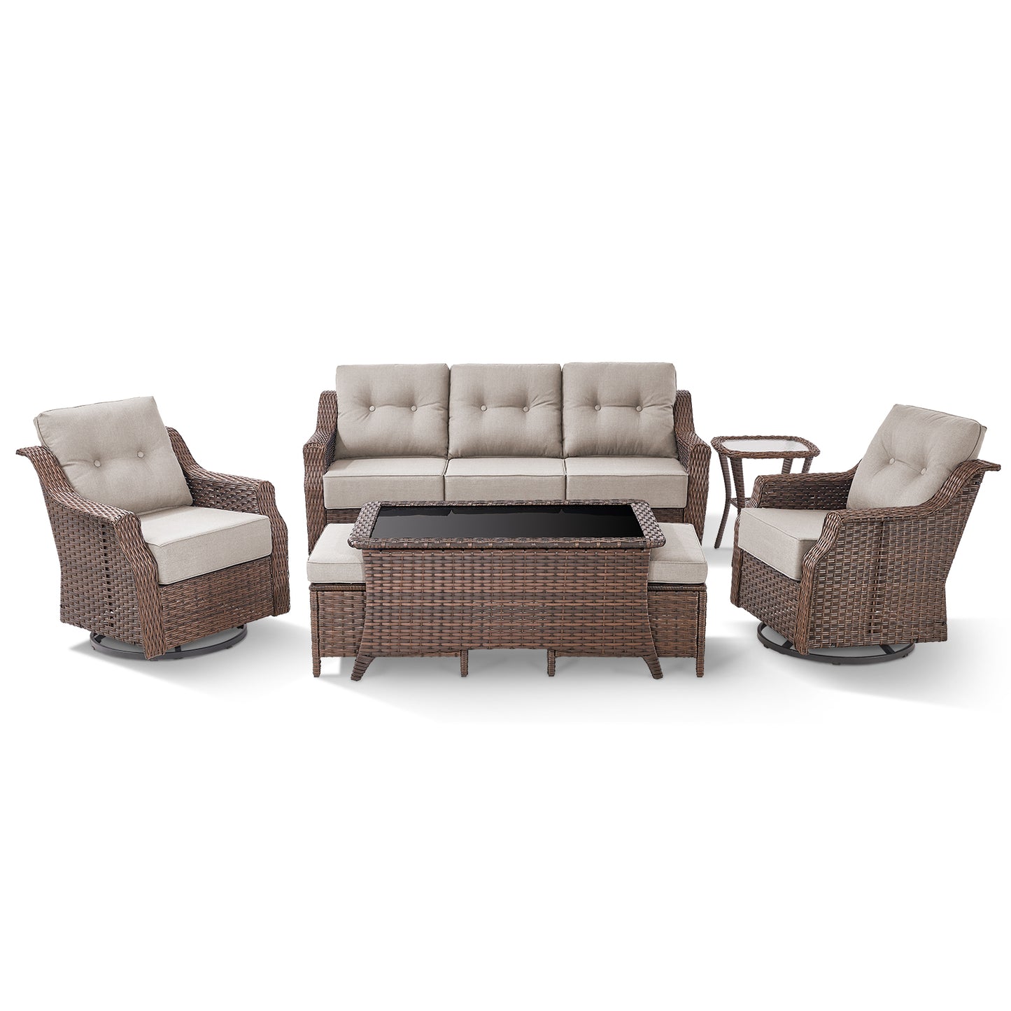 7-Piece Luxury Outdoor Conversation Set - High Back Swivel Glider Chairs with 3-Seat Sofa & Ottoman, Ovolo Series