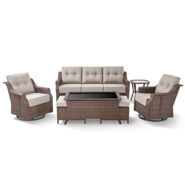 7-Piece Luxury Outdoor Conversation Set - High Back Swivel Glider Chairs with 3-Seat Sofa & Ottoman, Ovolo Series - Belord