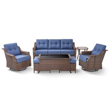 7-Piece Luxury Outdoor Conversation Set - High Back Swivel Glider Chairs with 3-Seat Sofa & Ottoman, Ovolo Series - Belord