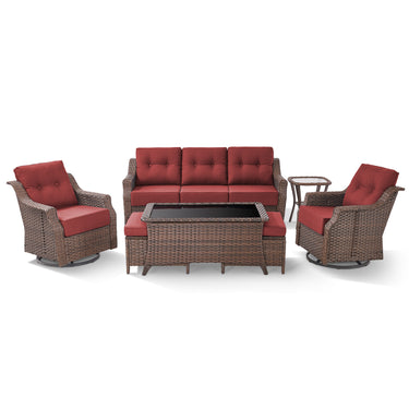 7-Piece Luxury Outdoor Conversation Set - High Back Swivel Glider Chairs with 3-Seat Sofa & Ottoman, Ovolo Series - Belord
